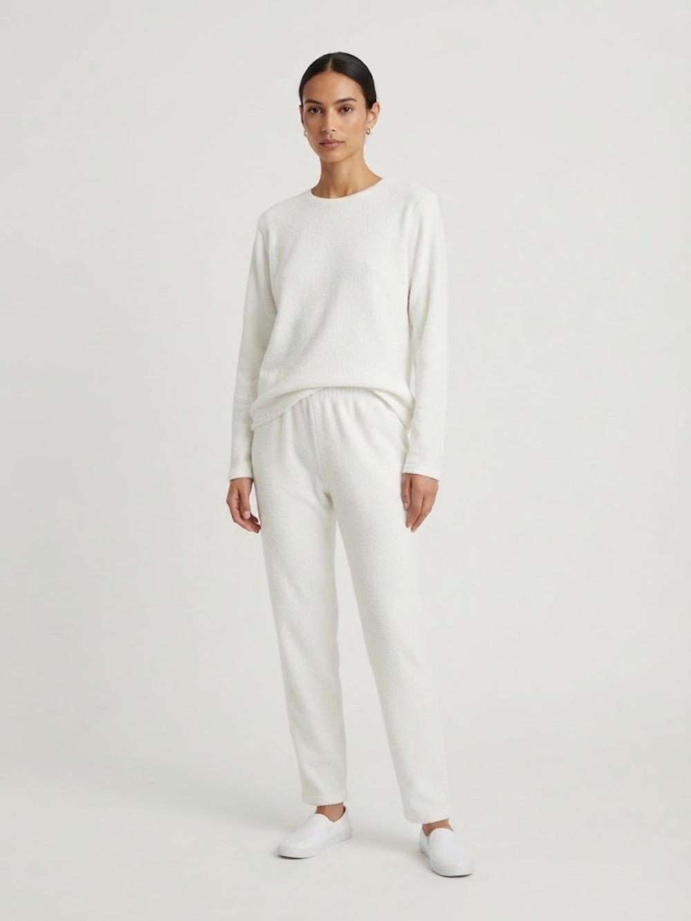 Vintage 90s New York Style White Knit Long Sleeve Top & Pants Lounge Set Size L